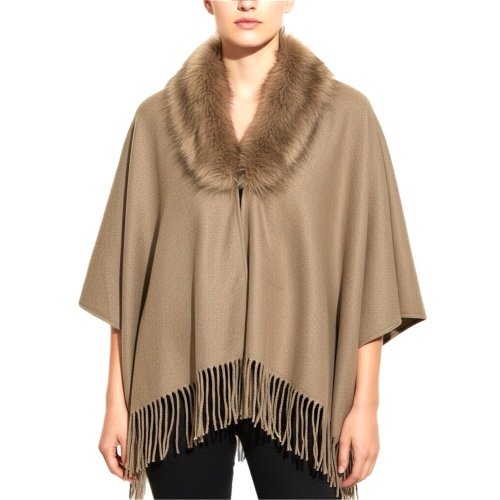 Talbots Sweater Womens M L Beige Poncho Cape Faux Fur Equestrian Preppy Boho